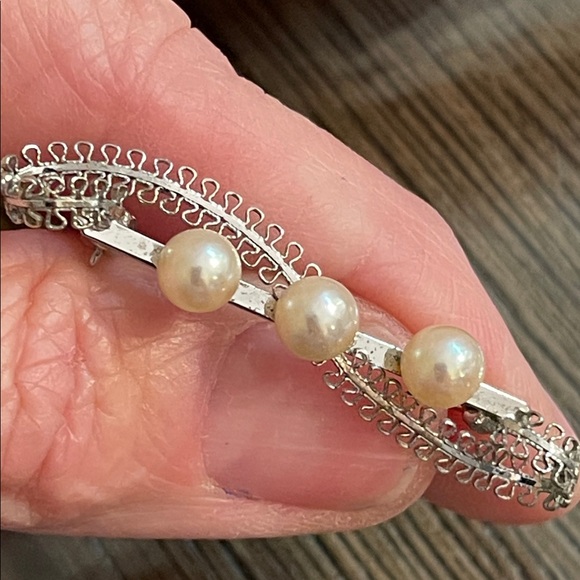 Vintage Real Pearl Pin Filigree Bar Pin Silver-tone - Picture 12 of 16